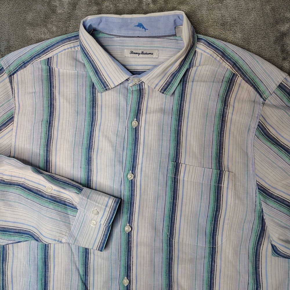 Tommy Bahama Corsica Shirt Men XL Blue White Striped Linen Blend Button Down L/S